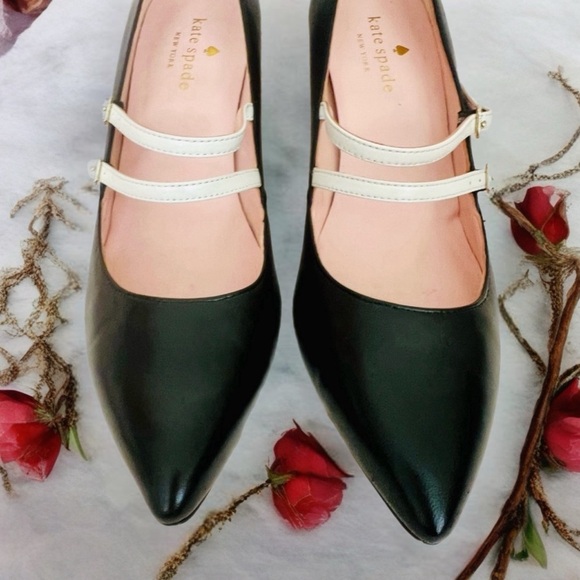 🎉HP🥳 Kate Spade Elpetha Heels in Black w/ Black Sparkle Heel & Cream Dbl Strap - Picture 12 of 16